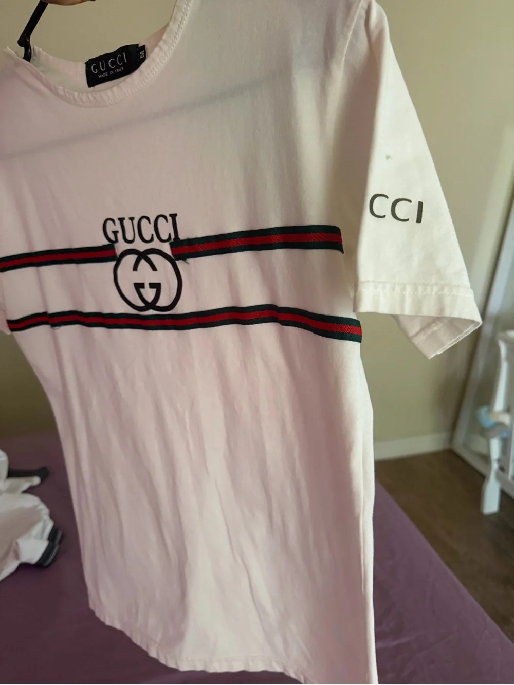 Gucci White Short-Sleeve Tee with Red-Green Logo Stripes
